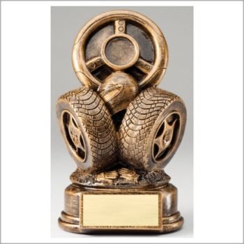 Premium Scultped Antique Gold Resin Trophy -Steering Wheel and Racing Tires